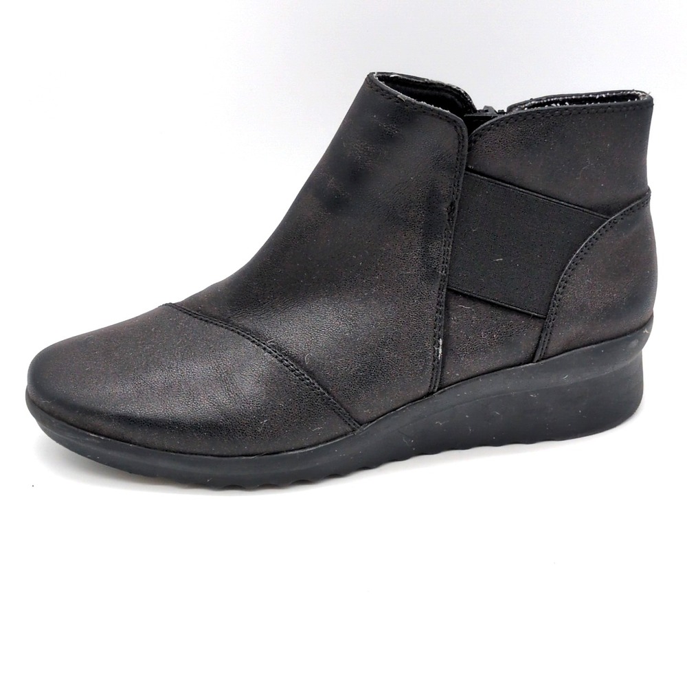Clarks Shoes Womens Caddell Rush Black 9 Leather Ankle Boot Zip Wedge 13288